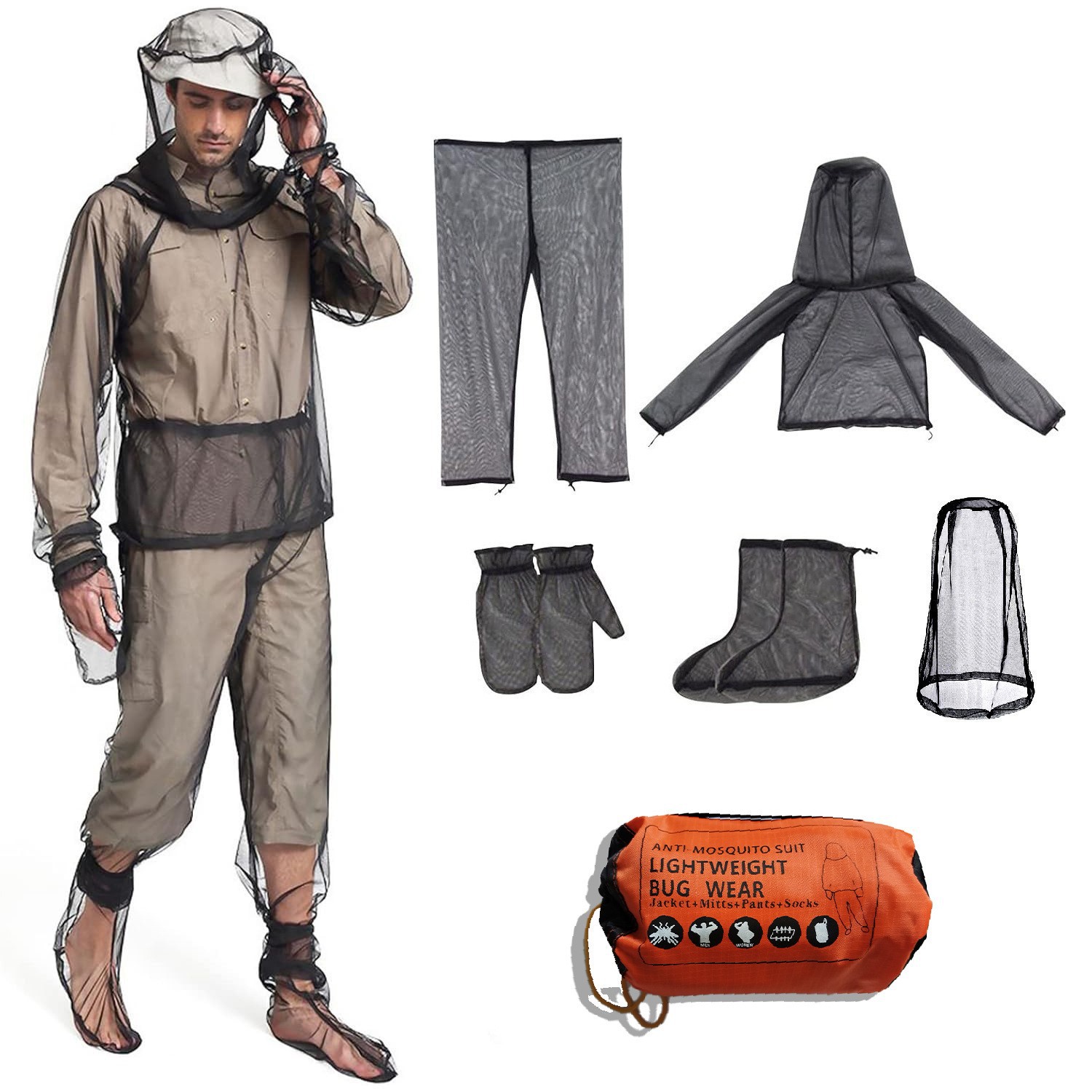 Camping Outdoor Clothing - 6pc/set Bug Wear Mesh Hooded Mosquito-Proof