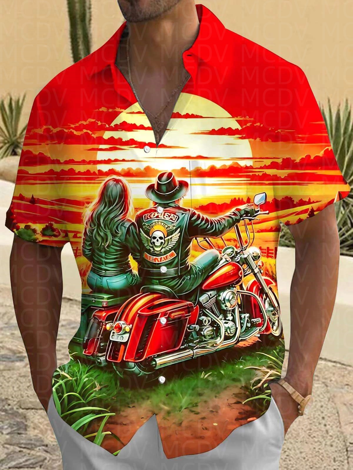 Camping Outdoor Clothing - Motorcycle Pattern Men's Hawaiian Shirt Stretch