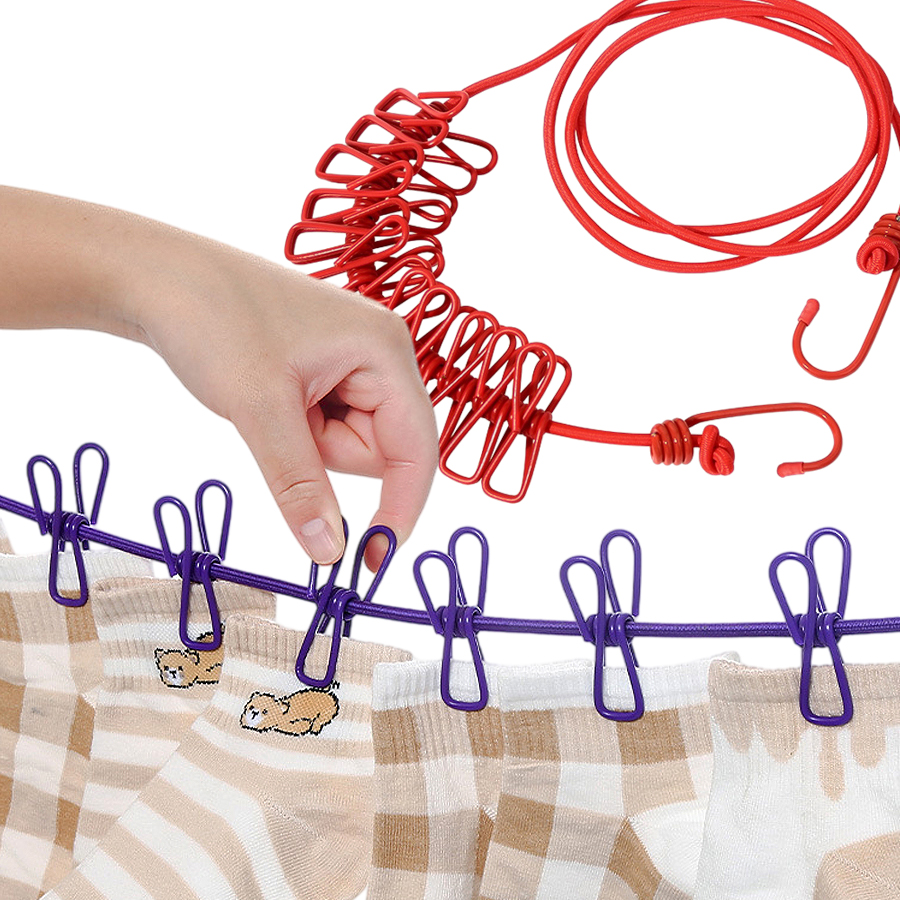 Camping Outdoor Clothing - Portable Retractable Clothesline with 12 Clips,